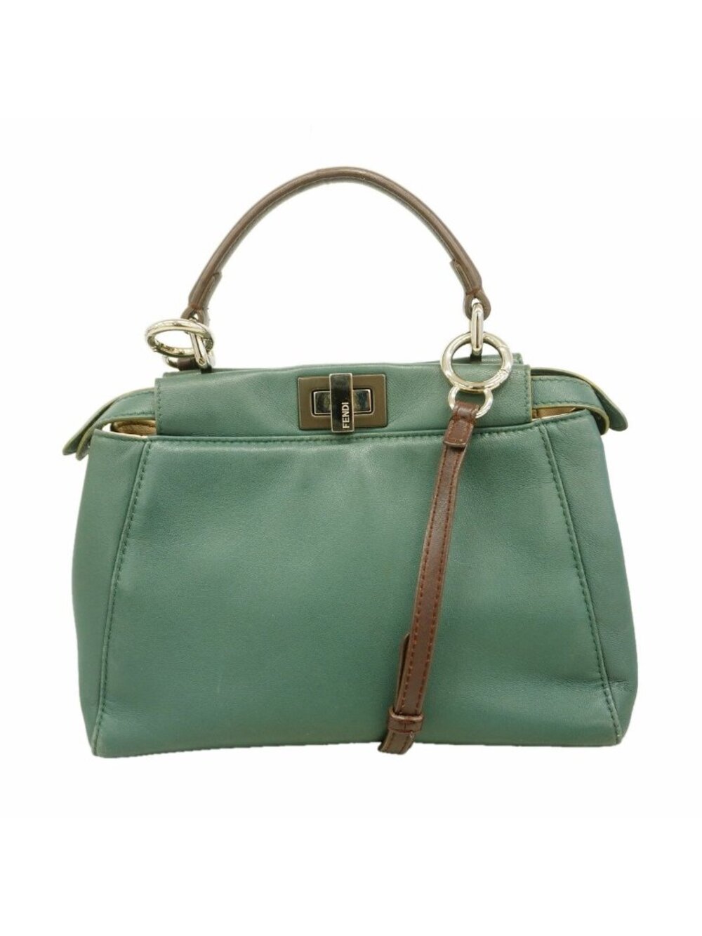 Fendi Handbag Peekaboo Leather Moss Green Silver 2-Way Bag